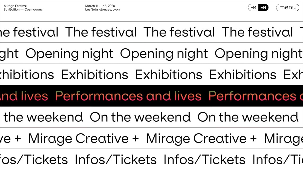 Menu toggling animation example on Mirage Festival 2020's website
